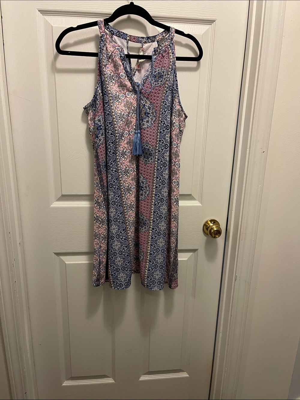 Pink Rose Pink and Blue Floral Tassel-Neck Sleeveless Dress